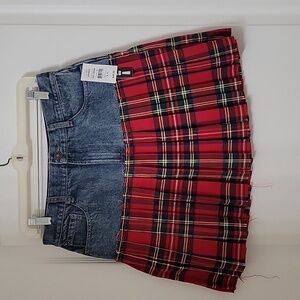 Design Lab Lord & Taylor Size M Half Denim Half Tartan Pleated Mini Skirt, NEW